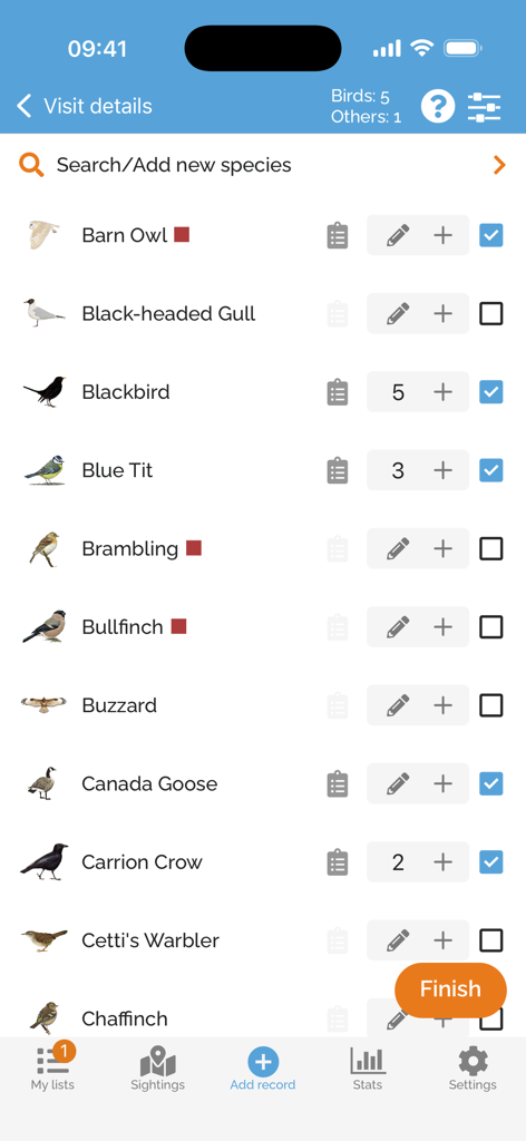 BirdTrack - BirdTrack app interface showing a checklist of bird species with illustrations and count options