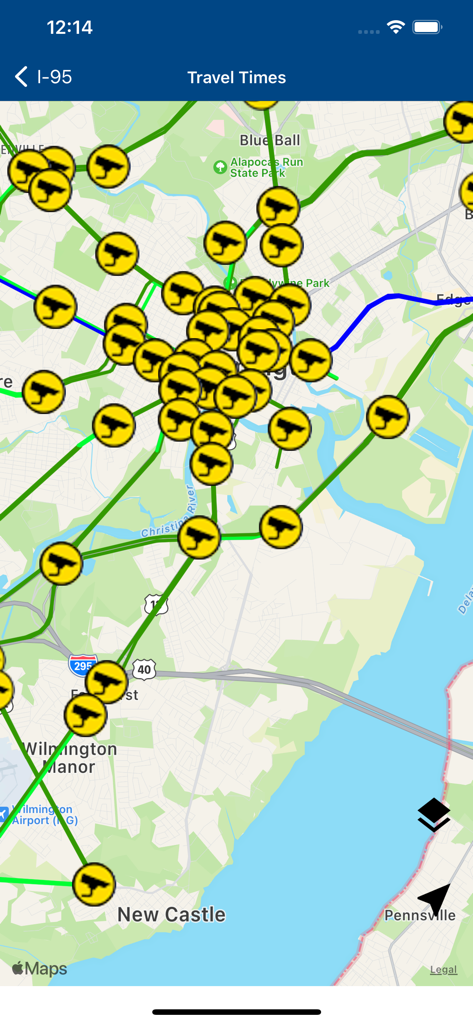 A map of the Wilmington Delaware area in the DelDOT app showing numerous yellow traffic camera icons along major roadways.