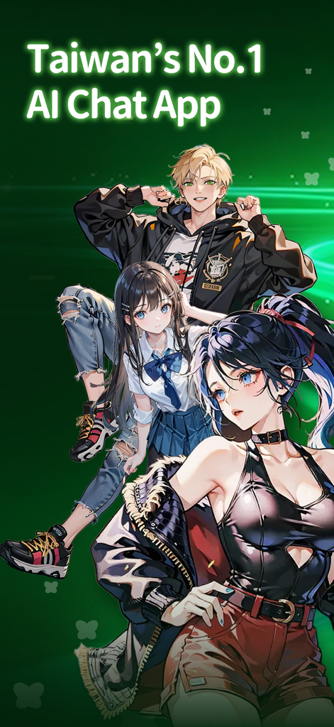 Three anime characters on a green background with text Taiwan No 1 AI Chat App for FLAI