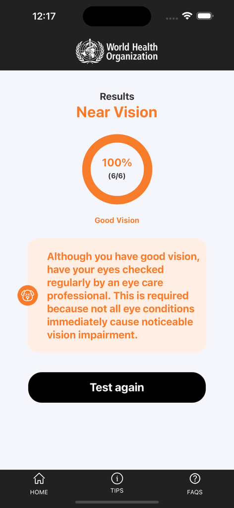 WHOeyes - WHOeyes app screen showing a 100 percent near vision test result with medical advice