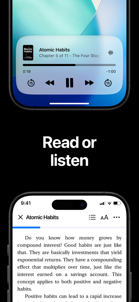 Wiser app interface showing both audio player and text reader options for a book summary.