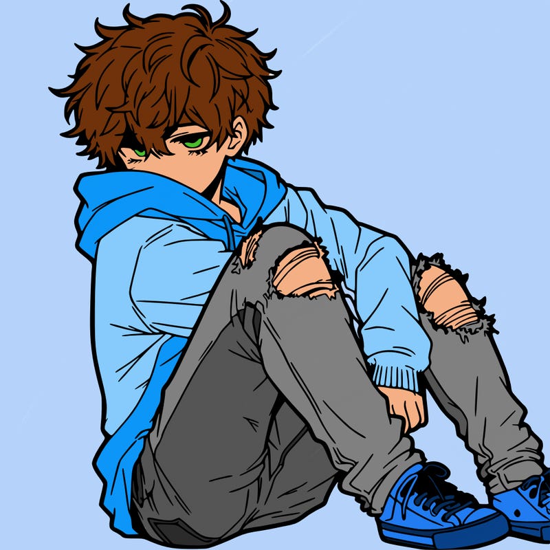 a male hoddie ripped jeans messy hair anime