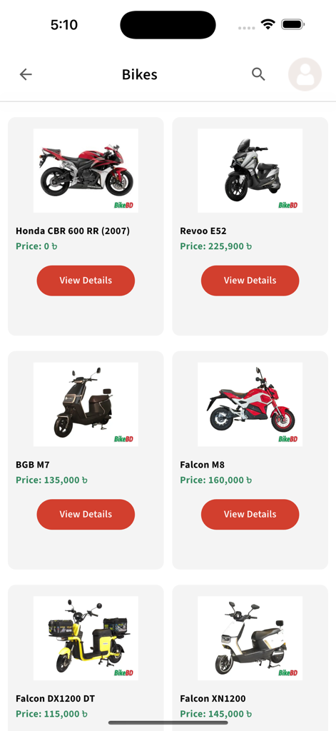 BikeBD.com - Un écran de l'application mobile BikeBD montrant un catalogue de motos, y compris les modèles Honda et Falcon, avec leurs prix.