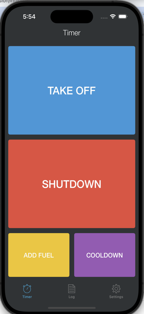 User interface of the Daily Flight Log app featuring large colorful buttons for takeoff shutdown fuel and cooldown