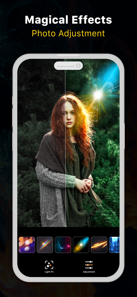 Background Changer: Auto Erase - Interfaz de la aplicación móvil mostrando una comparación de pantalla dividida de antes y después de una mujer con un efecto de destello de luz vibrante aplicado