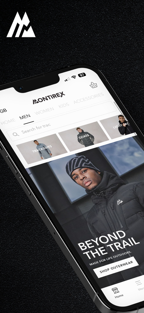 Montirex - Interfaccia dell'app mobile Montirex che mostra categorie di streetwear maschile e abbigliamento outdoor