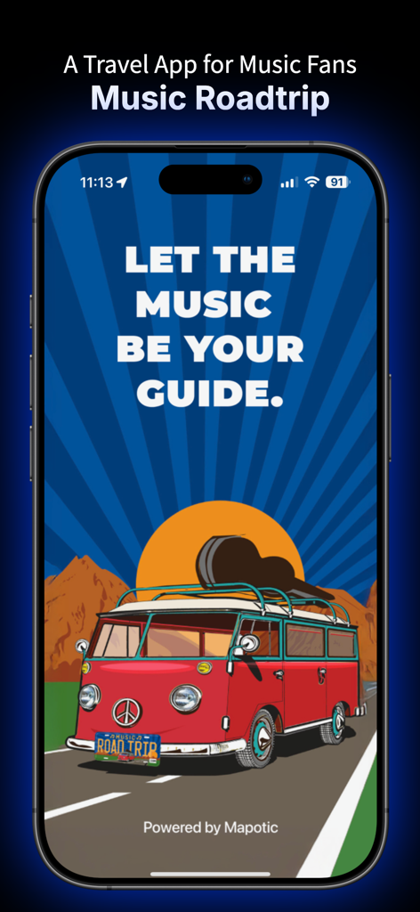 Music Roadtrip - A red vintage van with a guitar on the roof driving on a road under the text Let the music be your guide