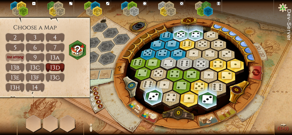Menu di selezione delle mappe con diversi layout del tabellone e un feudo del giocatore esagonale nell'app The Castles of Burgundy.