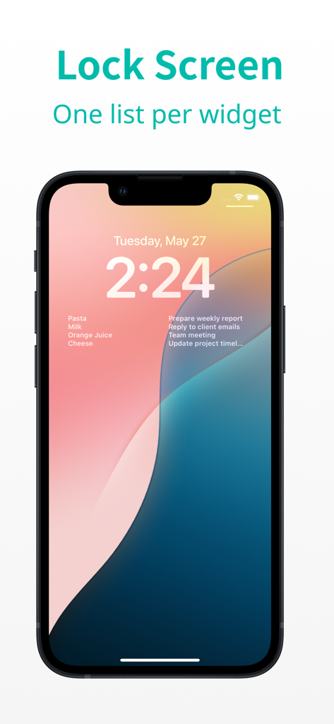 Minimal Tabbed ToDo List - Pantalla de bloqueo de iPhone con dos widgets minimalistas de lista de tareas para compras y tareas de trabajo