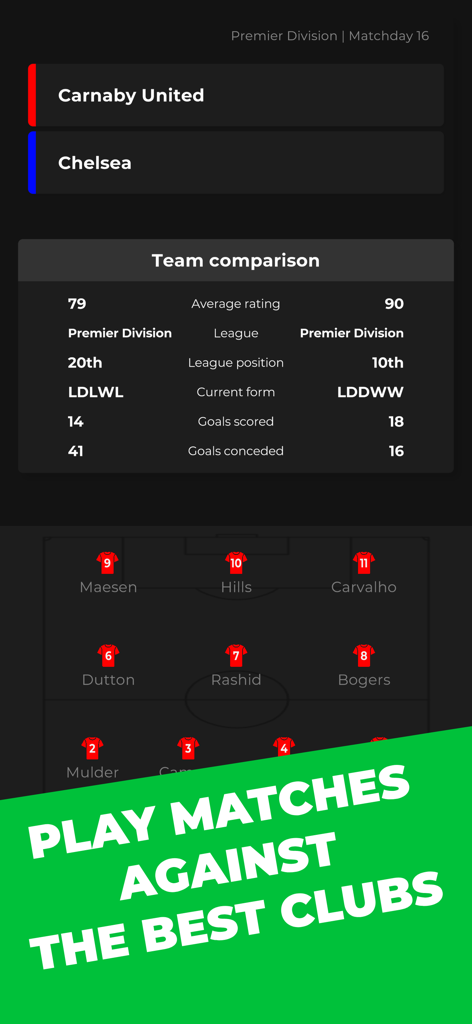 Club Boss - Football Game - Match comparison screen in Club Boss football game showing stats against Chelsea