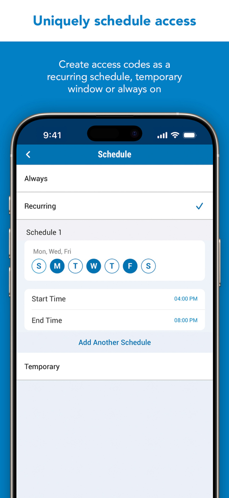 Interface of the Schlage Home app showing the recurring access code schedule setup for specific days and times.