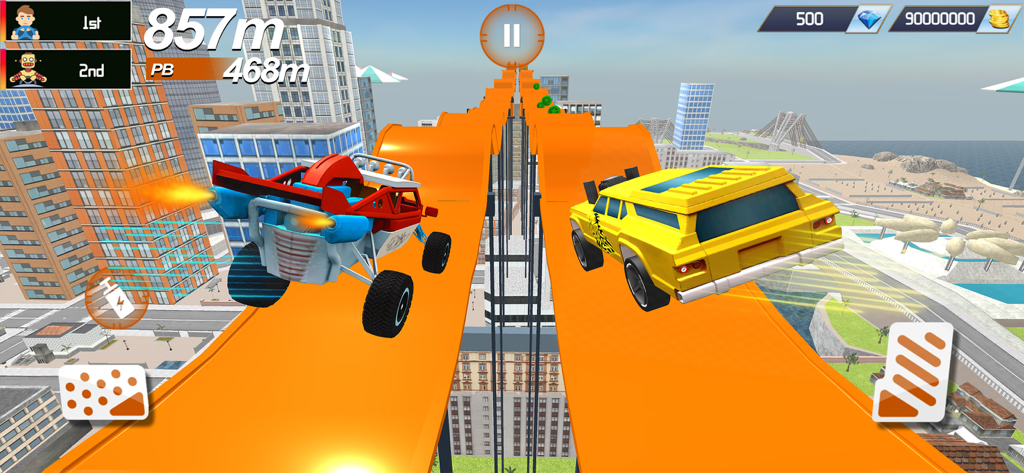 Monster Truck 4x4 Racing Games - Two monster trucks racing on orange high altitude tracks above a city