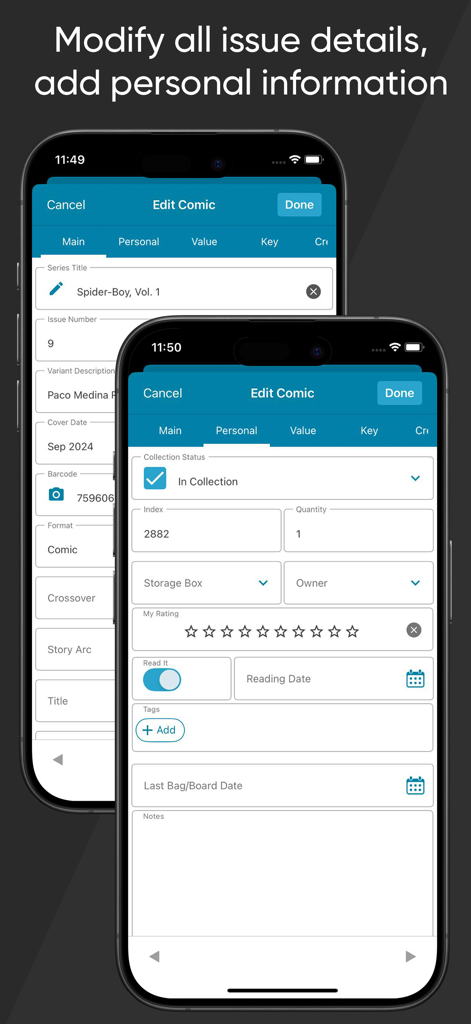 Two phone screens showing the CLZ Comics app interface for editing comic issue details and adding personal collection information