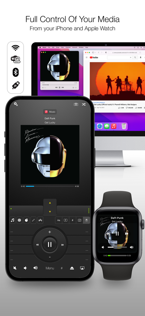 Interfaz de la aplicación Mobile Mouse en un iPhone y Apple Watch controlando medios en un monitor de computadora