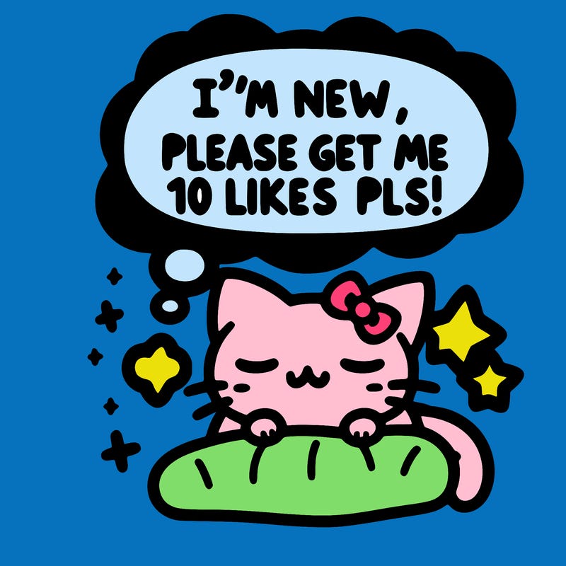 kitty taking a nap dream talking and saying "i'm new, please get me at least 10 likes pls!!"