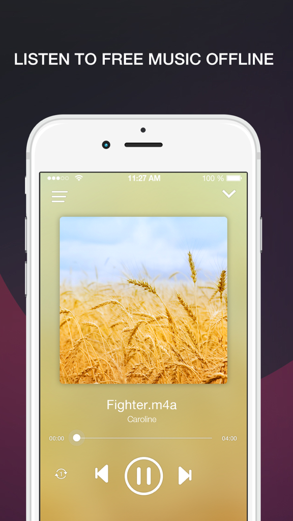 Tela do iPhone mostrando a interface do reprodutor de música offline com controles de reprodução