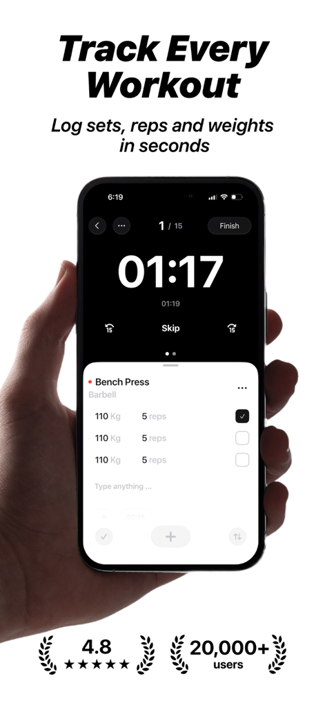 La interfaz de la aplicación Lift mostrando un registro de entrenamiento de press de banca con un temporizador de descanso