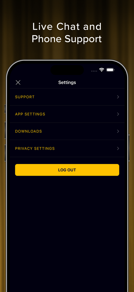 WBFYC Screeners - Settings menu of the WBFYC Screeners app highlighting live chat and phone support options