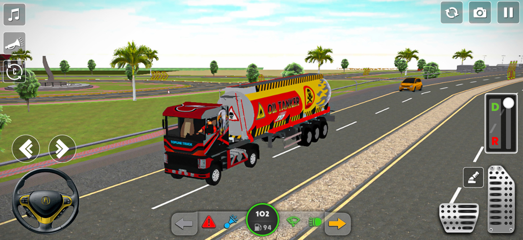 Cargo Truck Games Simulator 3D - A red and black cargo truck pulling a yellow oil tanker trailer on a highway in a 3D simulator game with mobile controls.