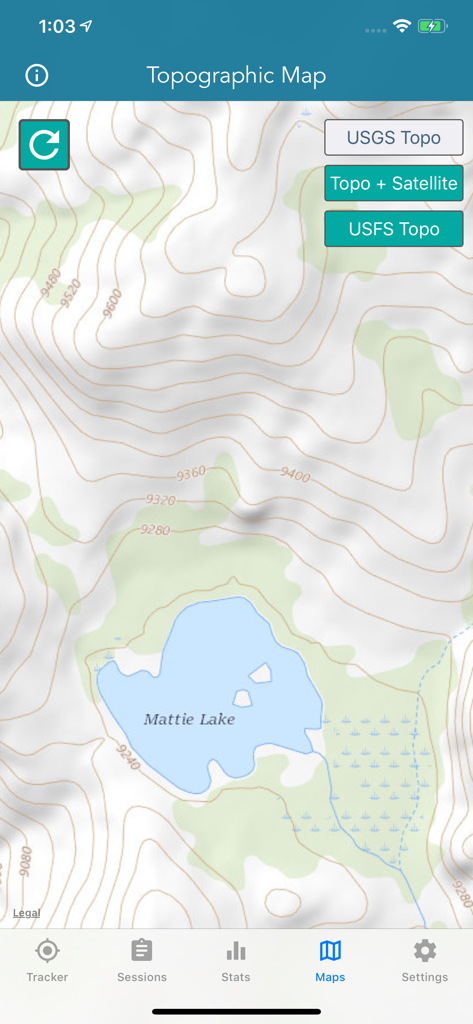 Topographic map view with elevation contours around Mattie Lake in the hiking tracker app