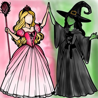 detailed realistic split of a princess and a witch
