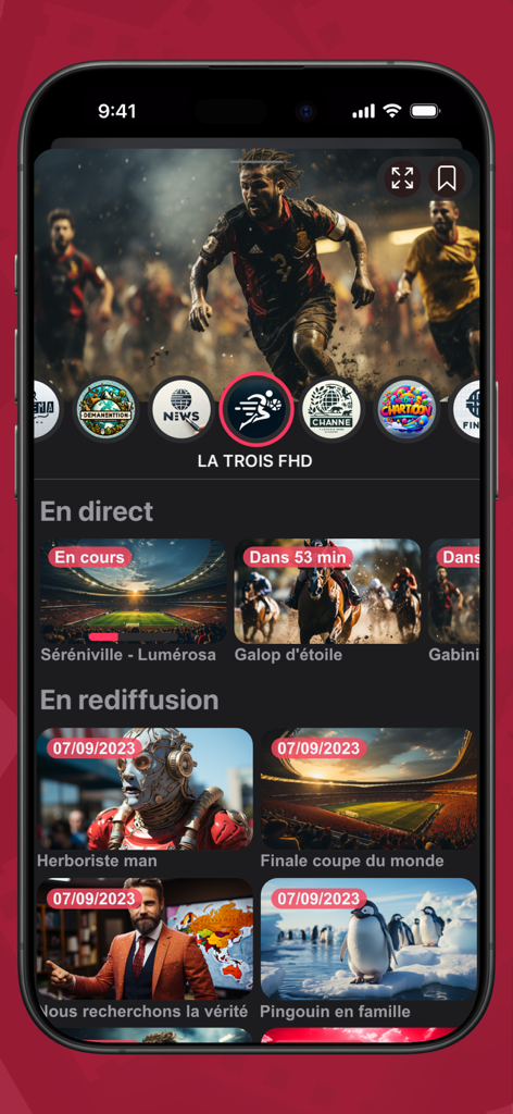 SeeClap - IPTV & Xtream Player - Interfaz del reproductor IPTV SeeClap en iPhone mostrando categorías de TV en vivo y catch-up