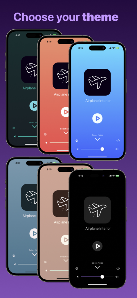 Six iPhone screens displaying various color themes for the Dark Noise ambient sound player