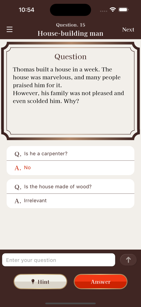 A lateral thinking puzzle game screen showing a mystery story about a man building a house and an AI chat interface for asking questions