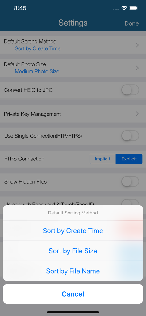 Interface de configurações do aplicativo iTransfer Pro mostrando opções de classificação de arquivos e preferências de segurança