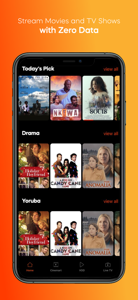 SuperTV for MTN - Interfaz de la aplicación móvil SuperTV para MTN destacando la transmisión con cero datos y categorías de películas como Drama y Yoruba.