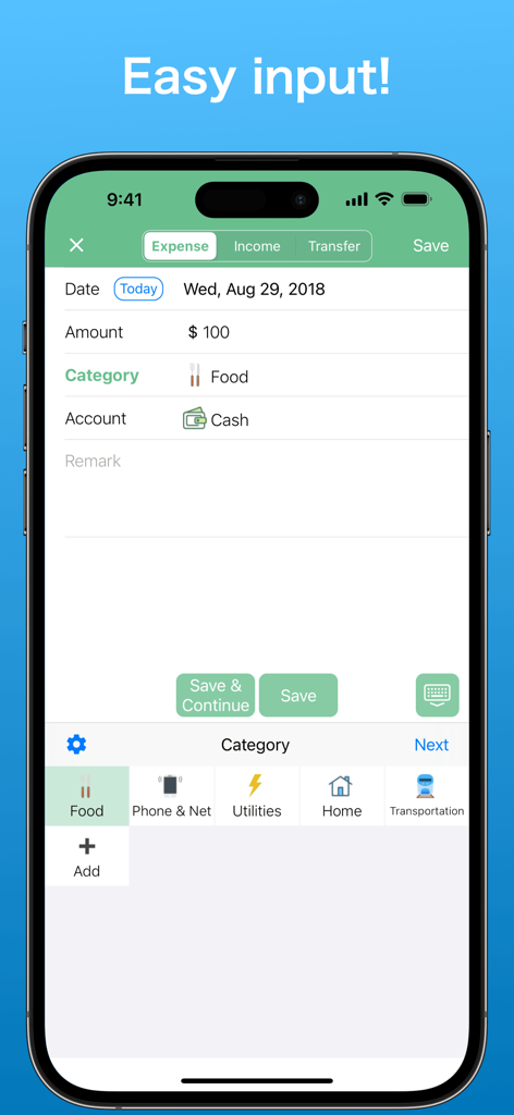 Smartphone screen showing the easy expense input interface of the Household Accounts Moneysave app with category icons for food and utilities