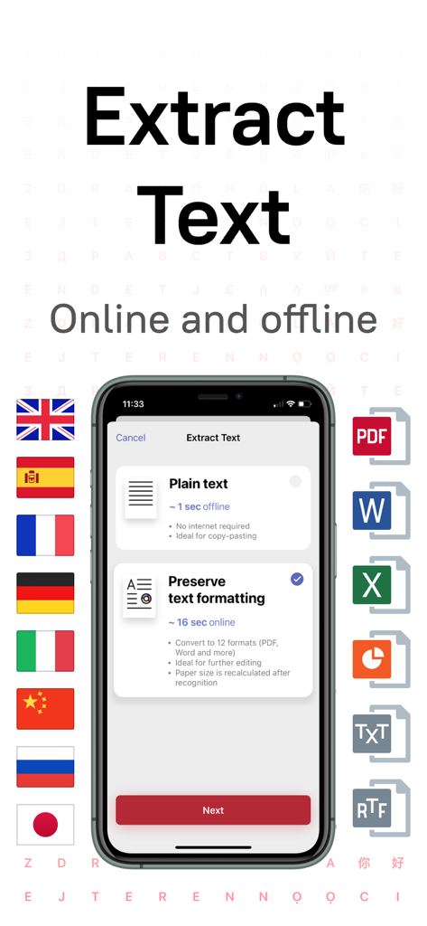 FineReader app screen showing options for online and offline text extraction with various file formats.