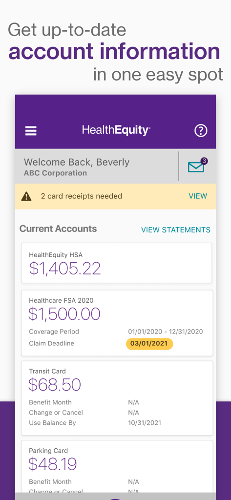 EZ Receipts dashboard displaying account balances for HSA and healthcare FSA