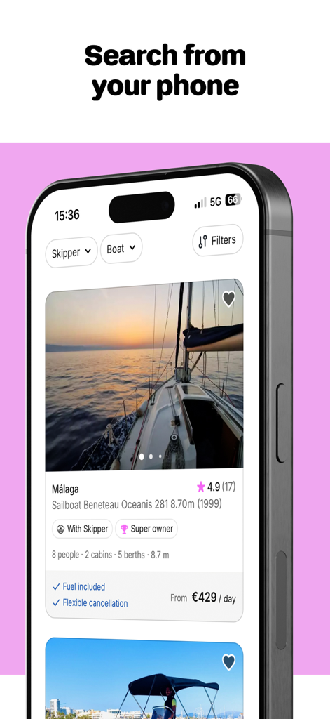 Click&Boat - Yacht Charters - Click and Boat App zeigt ein Segelboot-Mietangebot in Malaga, Spanien