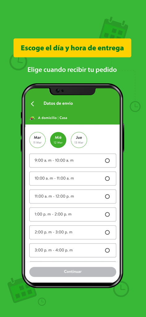 Maxi Despensa - Maxi Despensa app screen for selecting delivery day and time slot.