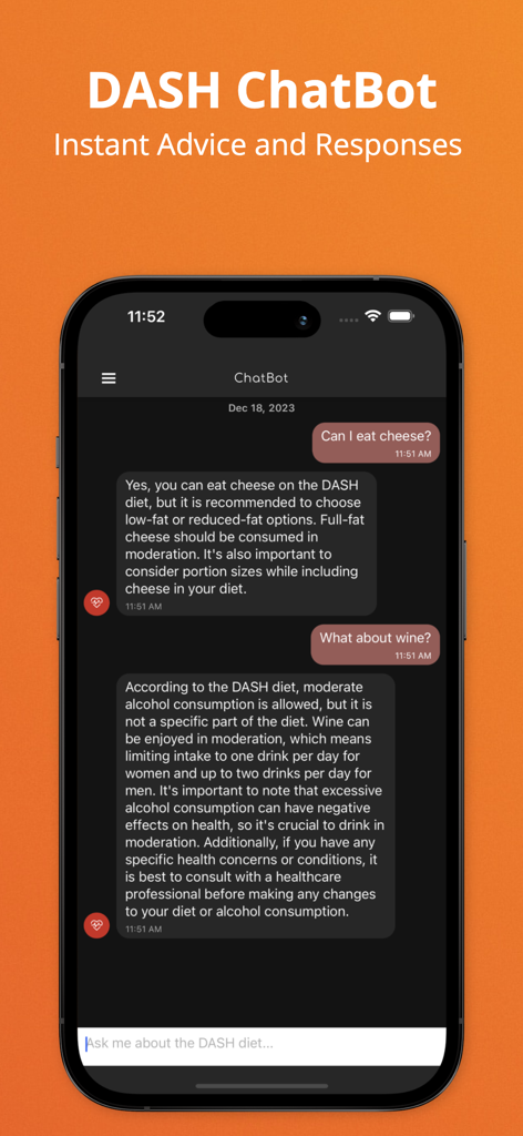 My Dash Diet: Sodium Tracker - Interfaccia del ChatBot DASH nell'app My Dash Diet che fornisce consigli nutrizionali su formaggio e vino