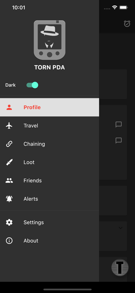 Torn PDA - Side navigation menu of the Torn PDA app showing options like Profile Travel Chaining and Friends