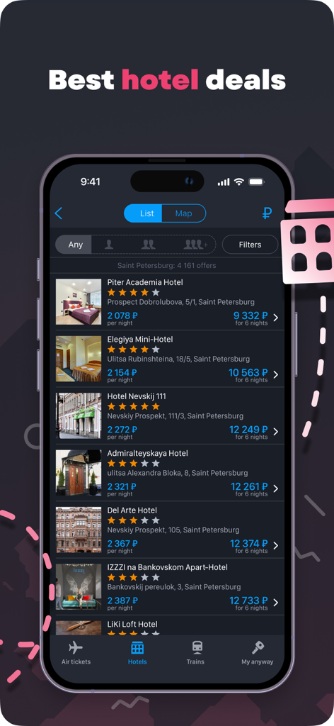 Anywayanyday: Flights & Hotels - Anywayanyday app interface displaying a list of hotel deals in Saint Petersburg