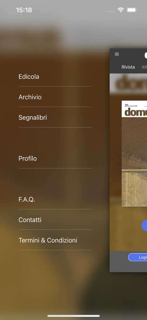 Domus - Navigation menu of the Domus architecture and design app showing newsstand and archive options