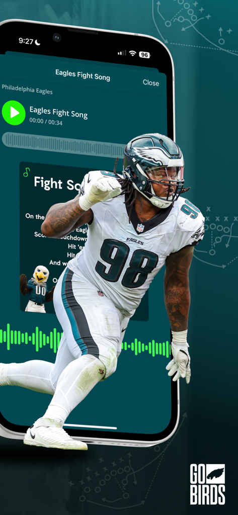 Philadelphia Eagles - Philadelphia Eagles official app screen featuring the Eagles Fight Song audio player with player and mascot imagery