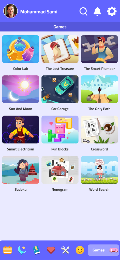 Eine Sammlung von pädagogischen und unterhaltsamen Minispielen in der Benutzeroberfläche der Al-Roznama-App.
