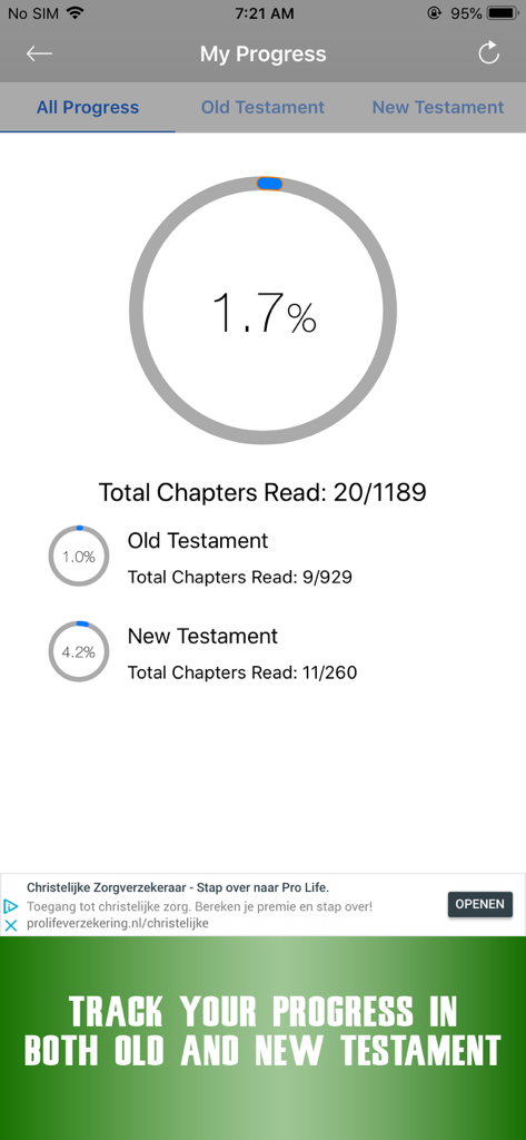 John Gill Expositions Bible - Reading progress screen in the John Gill Bible app showing percentage of chapters read in the Old and New Testament