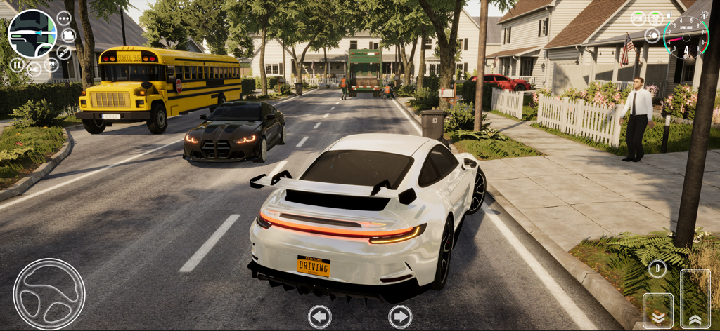 Driving School Simulator : EVO - A white sports car driving in a realistic American suburban neighborhood with a school bus and traffic