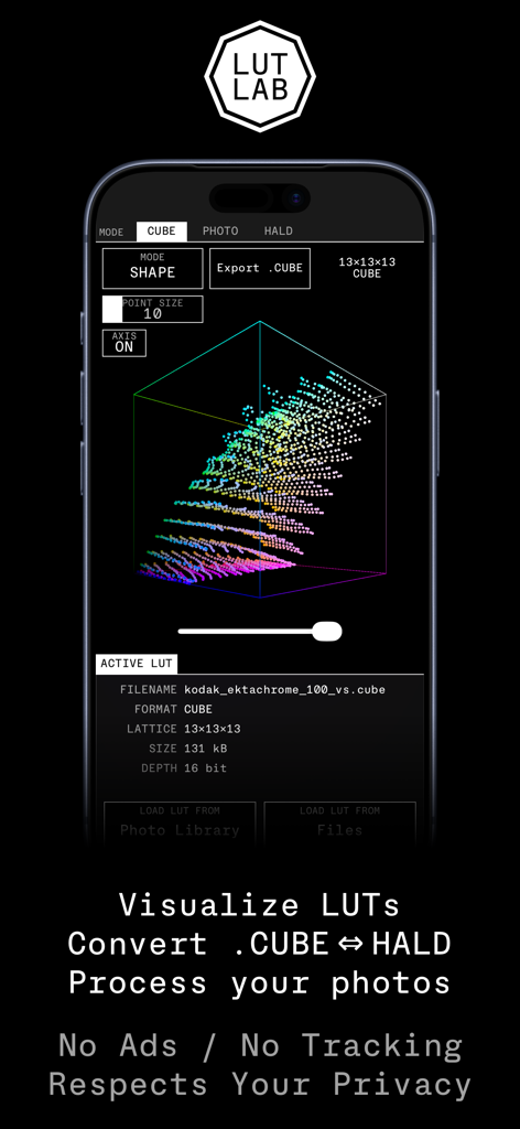LUT Lab - Smartphone screen displaying the LUT Lab app with a technical 3D color cube visualizer.