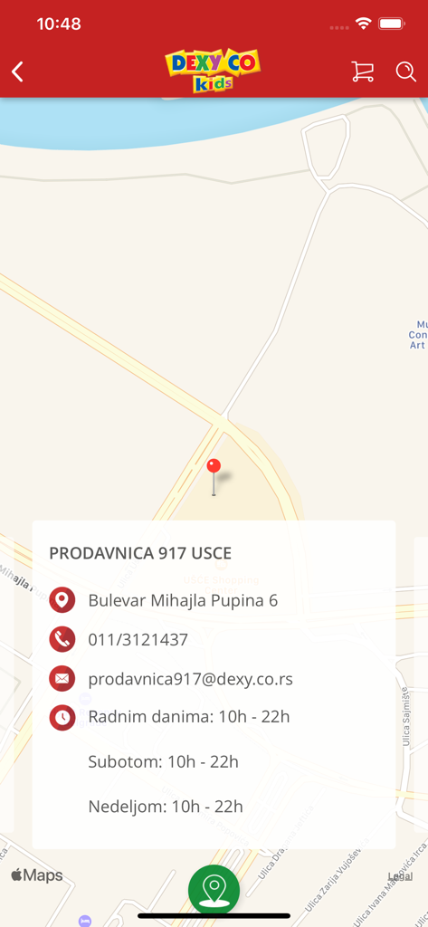 Dexy Co - Dexy Co app store locator screen showing a map with a pin and contact information for a specific shop