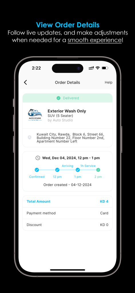 Ghaseel app order details screen showing car wash service progress and payment info