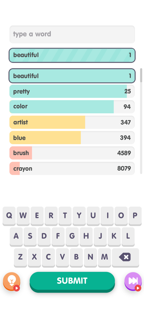 Contexto: Popular Words Game - Gameplay screen of Contexto word guessing game showing word ranking and keyboard interface
