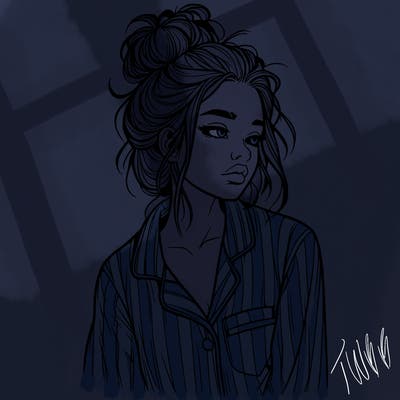 realistic woman with pajamas on and a messy bun