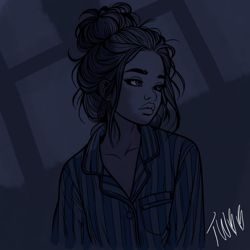 realistic woman with pajamas on and a messy bun