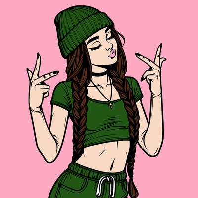realistic teenage girl with braids and a beanie and crop top doing 🫶🏼